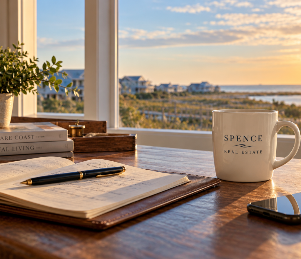golden hour coastal real estate workspace